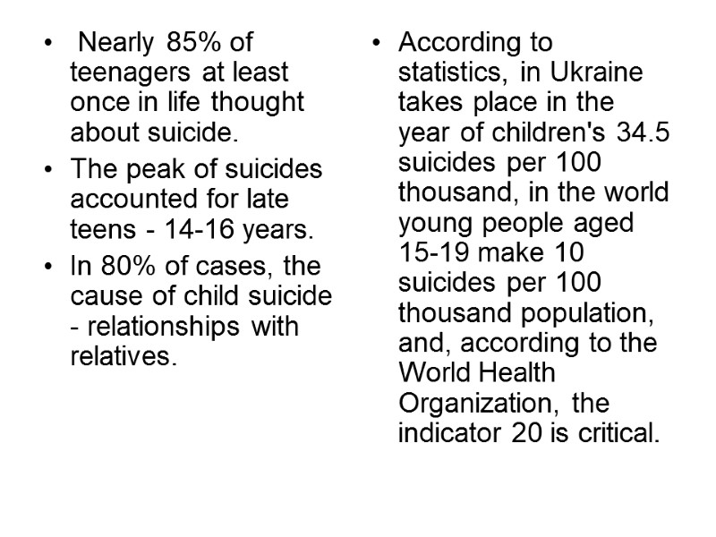 Nearly 85% of teenagers at least once in life thought about suicide. The peak